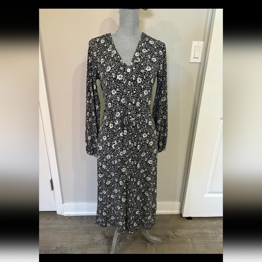 MICHAEL Michael Kors XL Size Black White Floral Long Sleeve Midi Dress Womens